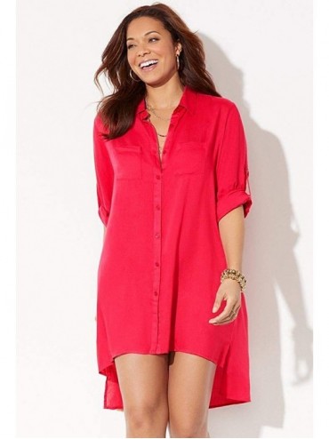Cover-Ups Women's Plus Size Lyla Button Up Cover Up Shirt - Grenadine - CS196EO698I $33.97