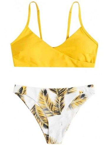 Sets Swimsuits for Women Two Piece 2020 Bathing Suits Solid Top with Floral Bottom Bikini Set - Yellow - C7190LCRAWZ $26.16