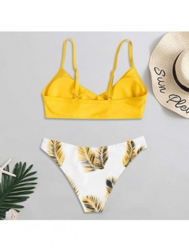 Sets Swimsuits for Women Two Piece 2020 Bathing Suits Solid Top with Floral Bottom Bikini Set - Yellow - C7190LCRAWZ $13.25