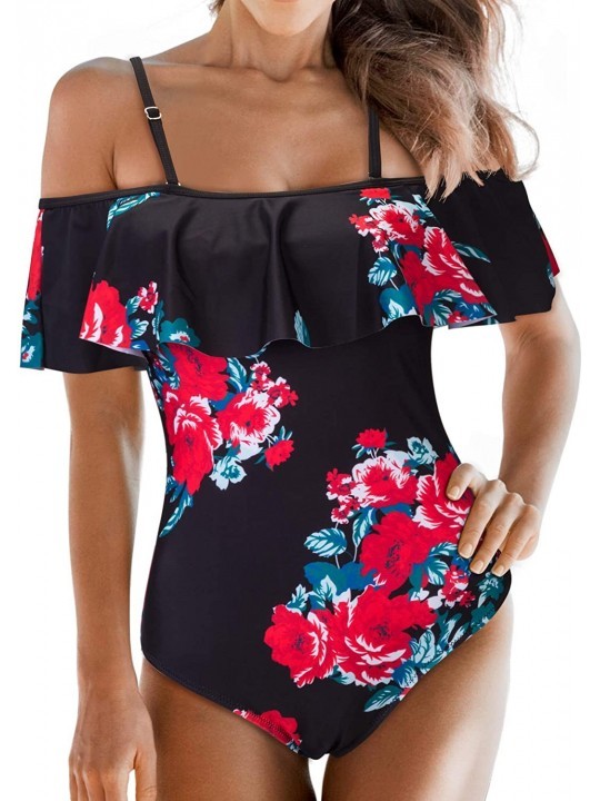 One-Pieces One Piece Swimsuits Off Shoulder Ruffled Floral Printed - Red Flower - CY18OAC94OS $13.72