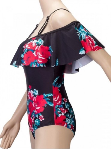 One-Pieces One Piece Swimsuits Off Shoulder Ruffled Floral Printed - Red Flower - CY18OAC94OS $13.72