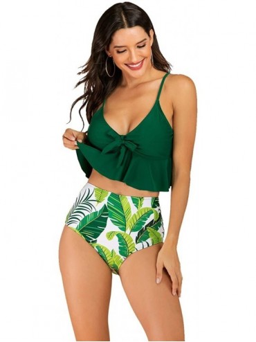 Sets Women High Waisted Swimsuit Flounce Swimwear Bathing Suits Vintage Two Piece Bikini Set - Green - CQ194IWG2O3 $16.62