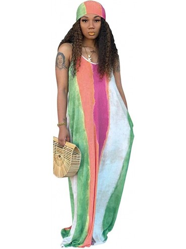 Cover-Ups Women's Tie Dye Sundress Baggy Fit Striped Sexy Spaghetti Straps Casual Boho Maxi Dress with Pockets - B-green - CK...