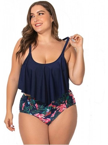 Sets Plus Size Swimwear Two Pieces Swimsuit Flounce Top with High Waist Bikini - Navy - C6193TD78E0 $65.02