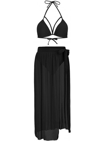 Cover-Ups Women's Halter Neck Cut Out 3 Pieces Swimwear with Mesh Maxi Skirt - Black - C812I7Q2DRD $51.08