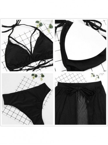 Cover-Ups Women's Halter Neck Cut Out 3 Pieces Swimwear with Mesh Maxi Skirt - Black - C812I7Q2DRD $21.23