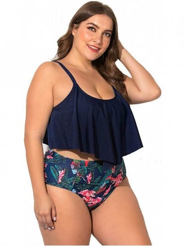 Sets Plus Size Swimwear Two Pieces Swimsuit Flounce Top with High Waist Bikini - Navy - C6193TD78E0 $55.19