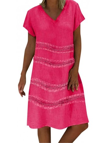 Rash Guards Women's Plain Casual Flowy Short Sleeve Midi Dress - Hot Pink - CF18TYL77YK $21.07