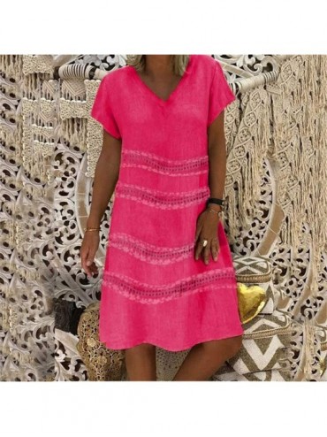 Rash Guards Women's Plain Casual Flowy Short Sleeve Midi Dress - Hot Pink - CF18TYL77YK $11.64