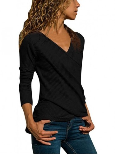 Bottoms Womens Long Sleeve Casual V-Neck Basic Comfy Solid Ladies Tank Tunics T-Shirts Pullovers Tops - Black - CR18NR2C8AS $...