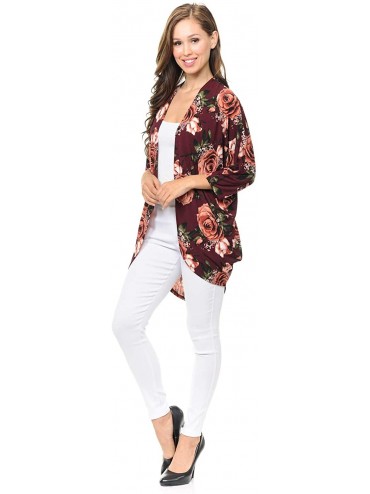 Cover-Ups Womens USA Made Casual Cover Up Cape Gown Robe Cardigan Kimono - Ksfbw1 - Rose Bloom Floral - Burgundy - CJ18IQGALL...