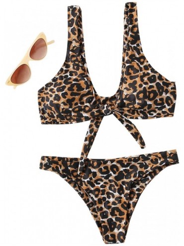 Sets Women's Sexy Bikini Swimsuit Tie Knot Front Leopard Print Swimwear Set - Leoprad1 - C81985QRITQ $18.03