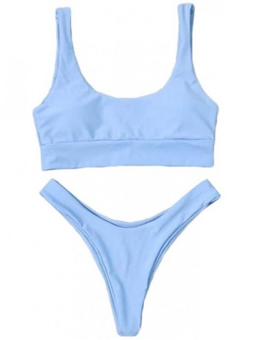 Sets Two Pieces Bikini Sets Swimsuit Sports Style Low Scoop Crop Top High Waisted High Cut Cheeky Bottom - Blue - C419657TCUL...