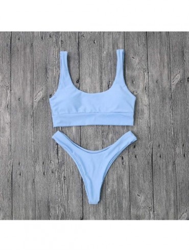 Sets Two Pieces Bikini Sets Swimsuit Sports Style Low Scoop Crop Top High Waisted High Cut Cheeky Bottom - Blue - C419657TCUL...