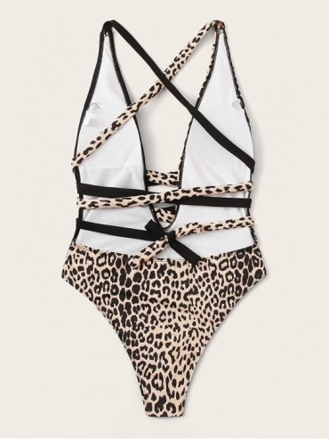 One-Pieces Women's Sexy Bathing Suits Criss Cross Tie Knot Front Deep V Open Back Leopard One Piece Swimwear - Leopard Black ...