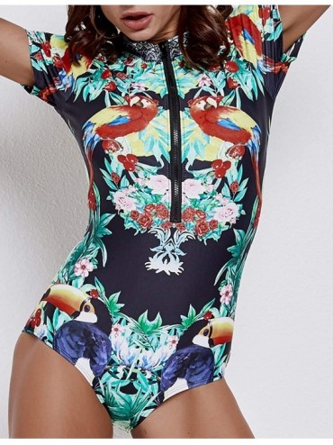One-Pieces Womens Zip Front Printed Short Sleeve One Piece Swimsuit Swimwear - 9543 - CC18OXCSM8L $19.01