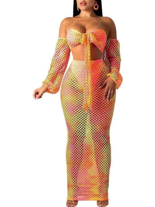 Cover-Ups Women Sexy Hollow Out 2 Piece Outfits See Through Tie Front Bandeau Top Skirt Dress Set - Orange - C618TL8ZXTT $26.96