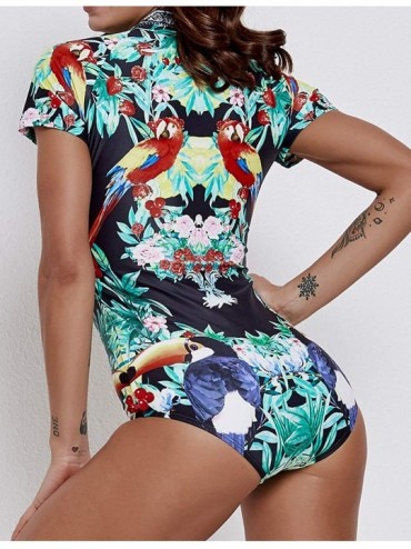 One-Pieces Womens Zip Front Printed Short Sleeve One Piece Swimsuit Swimwear - 9543 - CC18OXCSM8L $19.01