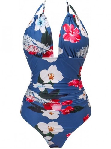 One-Pieces Womens One Piece Swimsuits Tummy Control Swimwear Backless Deep V Neck Halter Monokini Bathing Suits - Flower-11 -...