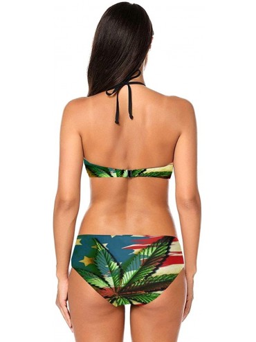 Sets Women Sexy Triangle Bathing Two Pieces Padded Push Up Swimsuit Bikini Set - Marijuana Leaf Weed Flag - CY190MQ859S $36.14