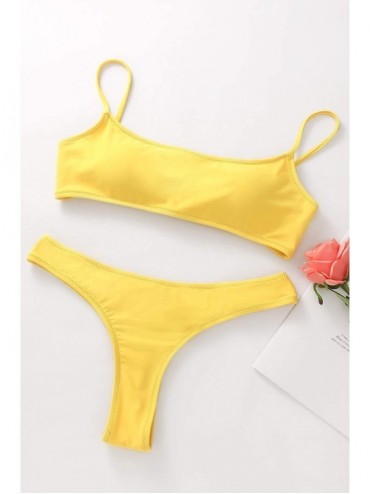 Racing Women Crop Top Bathing Suits High Cut Bandeau Swimsuit Cheeky Thong Bikini Set Sports Two Piece Yellow Bikini Set - CT...