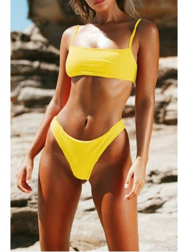 Racing Women Crop Top Bathing Suits High Cut Bandeau Swimsuit Cheeky Thong Bikini Set Sports Two Piece Yellow Bikini Set - CT...
