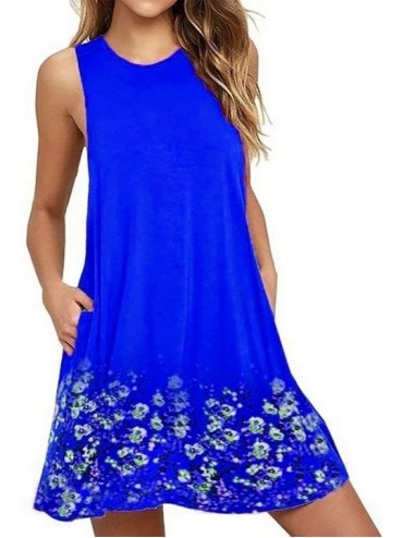 Cover-Ups Sleeveless A line Dress Floral Beach Dress Lounge Tank Dress Tunic Style with Two Pockets Blue - CY19CM6DU59 $43.19