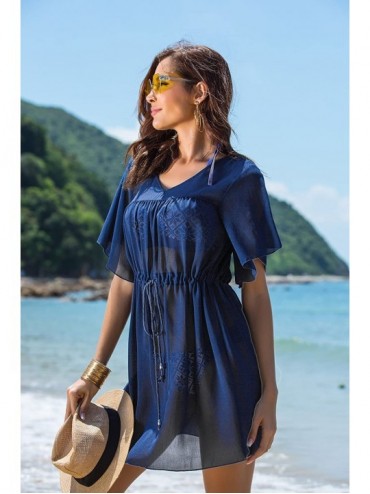 Cover-Ups Women's Summer See Through Bikini Cover Up Chiffon Sun Protective Beach Dress - Navy Blue - CD180A5HTQX $18.31