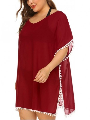 Cover-Ups Womens Plus Size Bathing Suit Cover Up Chiffon Swimsuit Bikini Beach Cover Ups for Swimwear - Wine Red - C518R5867K...