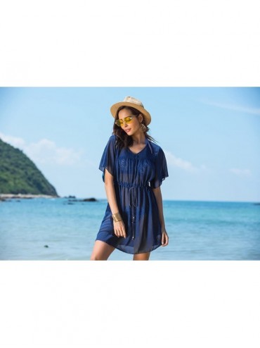 Cover-Ups Women's Summer See Through Bikini Cover Up Chiffon Sun Protective Beach Dress - Navy Blue - CD180A5HTQX $18.31