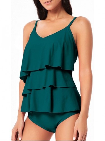Sets Women's V-Neck Two Piece Swimsuits Tiered Ruffle Tankini Top with Brief Swimwear Bathing Suits - Teal Green - C618QN79YT...