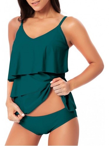 Sets Women's V-Neck Two Piece Swimsuits Tiered Ruffle Tankini Top with Brief Swimwear Bathing Suits - Teal Green - C618QN79YT...