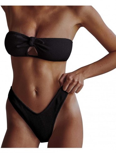 Sets Women's Strapless Cut Out Bandeau Top Swimsuits High Cut Brazilian Top Thong Bottom Swimwear - Black - C518RWCSCA7 $31.54