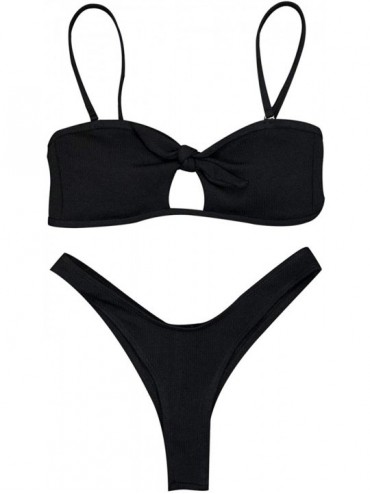 Sets Women's Strapless Cut Out Bandeau Top Swimsuits High Cut Brazilian Top Thong Bottom Swimwear - Black - C518RWCSCA7 $14.72