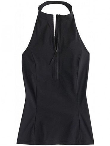Rash Guards Women's High-Neck Half Zipper Rashguard 2 Piece Swimsuit - Black - CY17Y7D58IC $22.46