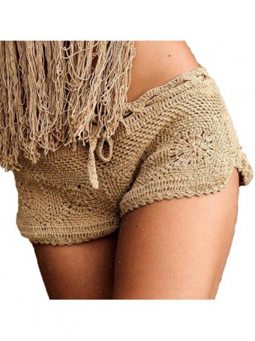 Cover-Ups Womens Summer Beachwear Cheeky Shorts Panties Crochet Drawstring Cover Ups - Khaki - CL18QO0KNYY $20.98