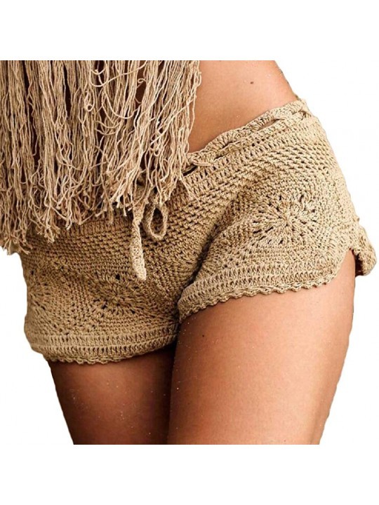 Cover-Ups Womens Summer Beachwear Cheeky Shorts Panties Crochet Drawstring Cover Ups - Khaki - CL18QO0KNYY $10.35