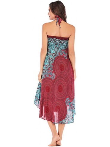 Racing Women Long Hippie Bohemian Gypsy Boho Flowers Elastic Waist Floral Halter Boho Dress Skirt - Red-1 - CN18NMEN705 $21.17
