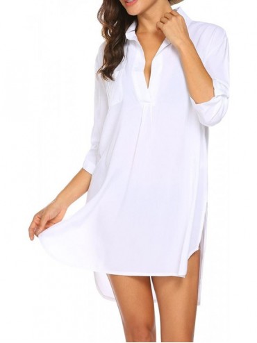 Cover-Ups Women's Boyfriend Beach Shirt V-Neck Sexy Bikini Shirt Dress/Swimsuit Cover Up - White - CW18D5W62IW $17.98