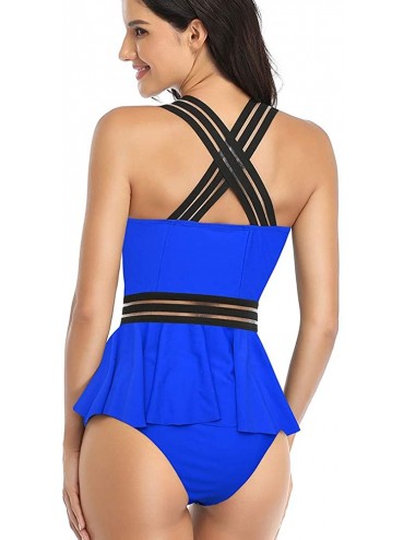 Tankinis Women's Tankini Swimsuit Peplum Ruffle Top High Waist Tummy Control Swimwear 2 Piece Bathing Suit - Blue - C8194236I...