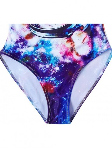 One-Pieces Womens Vintage One Piece Tummy Control Swimsuit Retro Strap Floral Print Swimwear Monokini - Astronaut Cat - CS18Q...