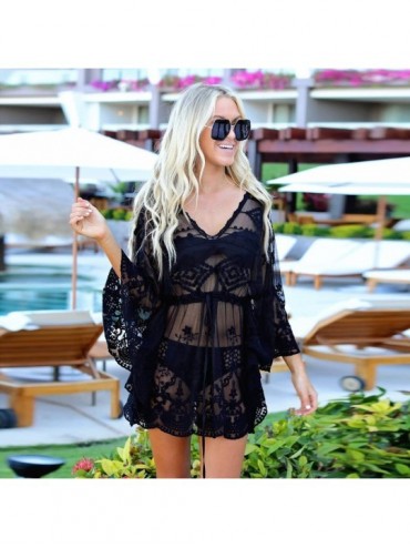 Cover-Ups Beach Dresses Women Summer Sexy Long Sleeve V Neck Boho Floral Lace Cover Up Loose See Through Mini Sundress Black ...