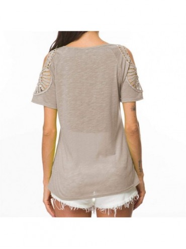 Bottoms Women's Basic Boho Short Sleeve Crewneck Hollow Out Solid Blouse Plus Size Tops Shirt Black S-5XL - Khaki - CU18T8S0O...