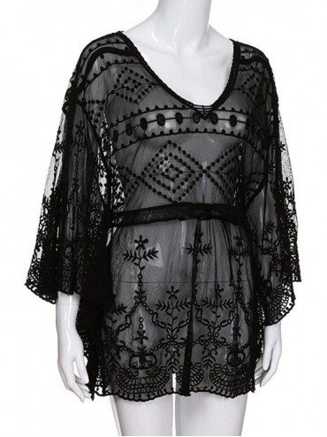 Cover-Ups Beach Dresses Women Summer Sexy Long Sleeve V Neck Boho Floral Lace Cover Up Loose See Through Mini Sundress Black ...