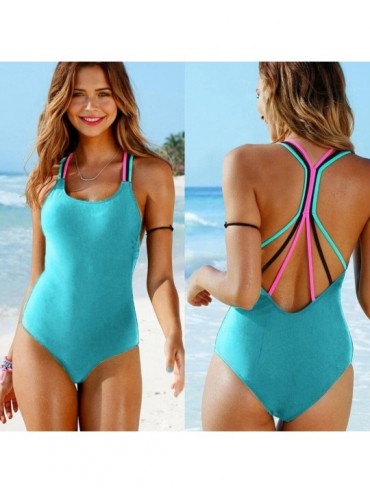 Sets Bikini Swimsuit- Women's Bathing Suit Colorful Strappy Front Crisscross Back Backless One Piece Swimsuit - Blue - CQ18DC...