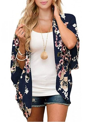 Cover-Ups Women's Floral Kimono Cardigan Casual Loose Open Front Beach Cover Up Blouses Tops - Navy Blue - C4193UXU02Q $26.48