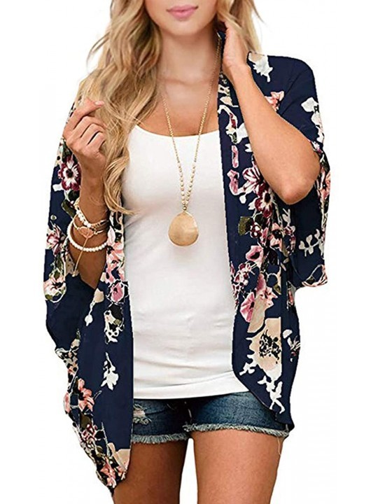 Cover-Ups Women's Floral Kimono Cardigan Casual Loose Open Front Beach Cover Up Blouses Tops - Navy Blue - C4193UXU02Q $10.88