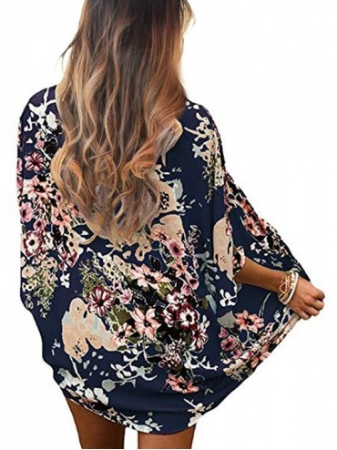 Cover-Ups Women's Floral Kimono Cardigan Casual Loose Open Front Beach Cover Up Blouses Tops - Navy Blue - C4193UXU02Q $10.88