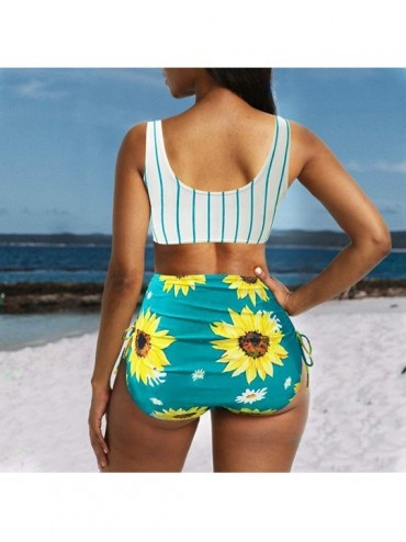 Racing Women Swimsuit Summer Sunflower High Waisted Printed Bathing Suits Tankini Swimwear - Green - CT1994DH6CW $20.33