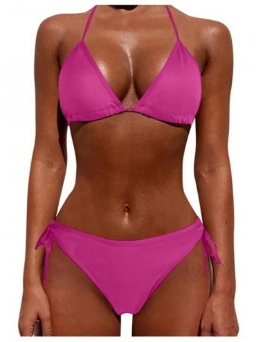 Racing Women's Push Up Halter Bikini Set Two Piece Solid Color Swimsuit Push Up Cheeky Thong Bathing Suit - Hot Pink - C7196R...